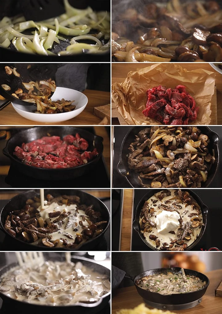10 image collage showing how to make beef stroganoff