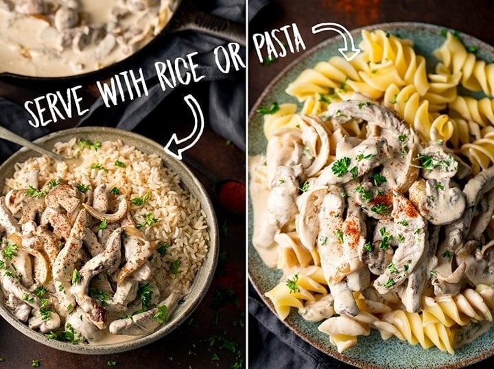 2 images of beef stroganoff - one with rice, one with pasta