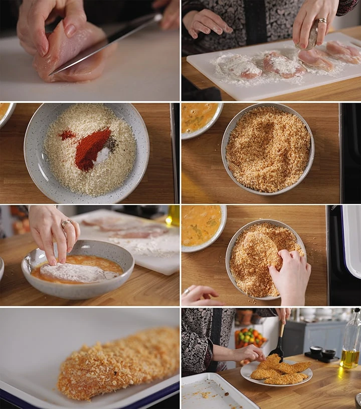 8 image collage showing how to make crispy coated baked chicken