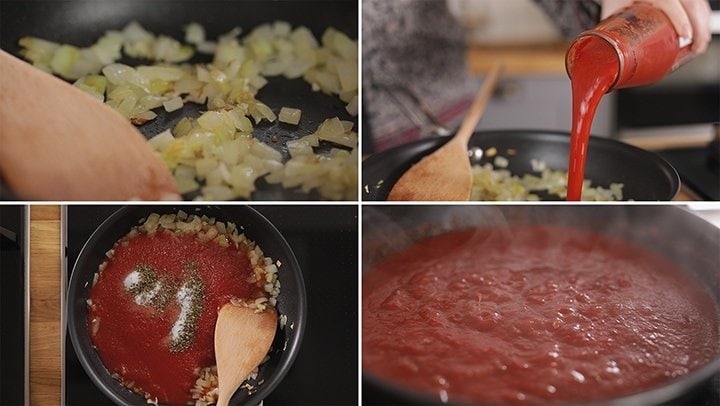 4 image collage showing how to make marinara sauce
