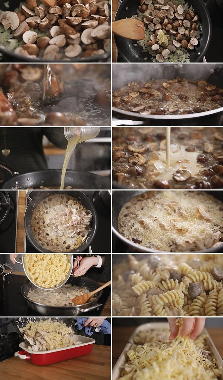 12 image collage showing how to make chicken alfredo pasta bake