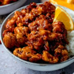 Bowl of Chinese Orange Chicken with rice