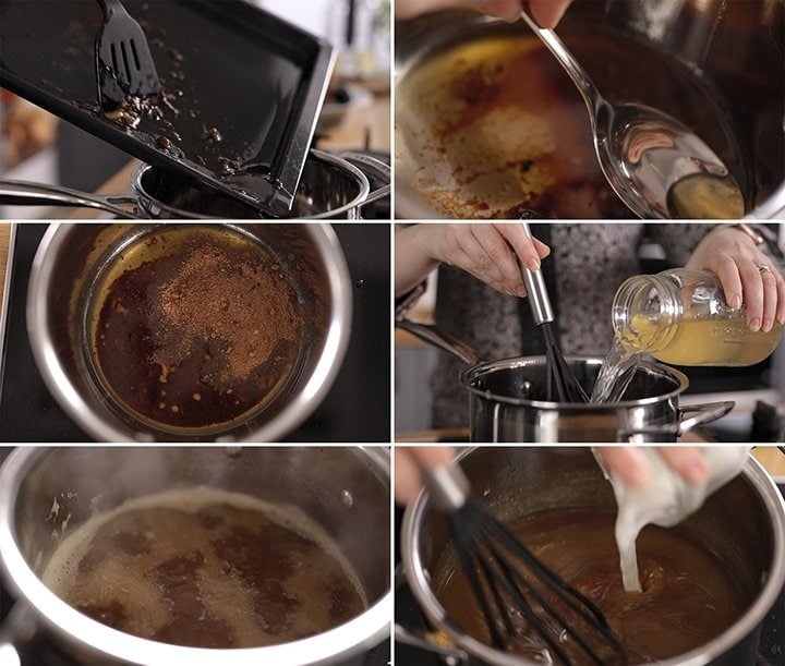 6 image collage showing how to make pork gravy