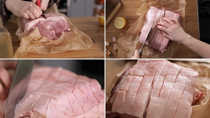 4 image collage showing how to score a pork shoulder joint