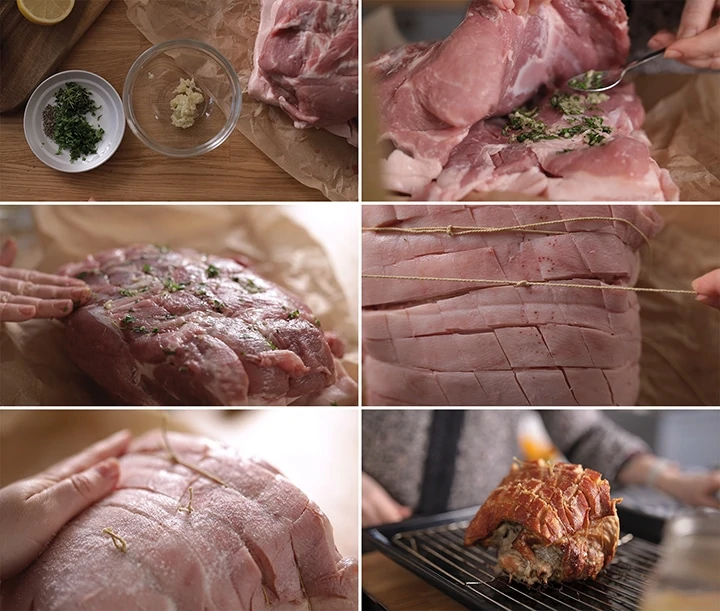 6 image collage showing how to prep roast pork with garlic and herbs
