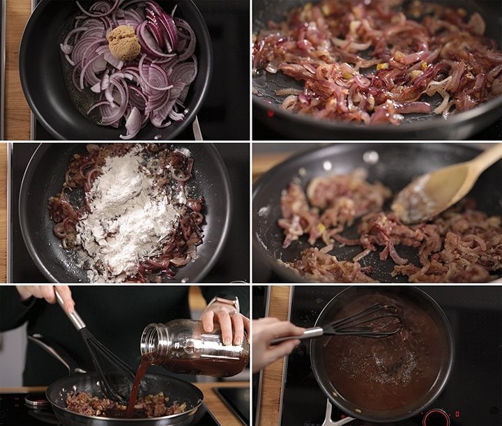 6 image collage showing how to make red onion gravy for toad in the hole