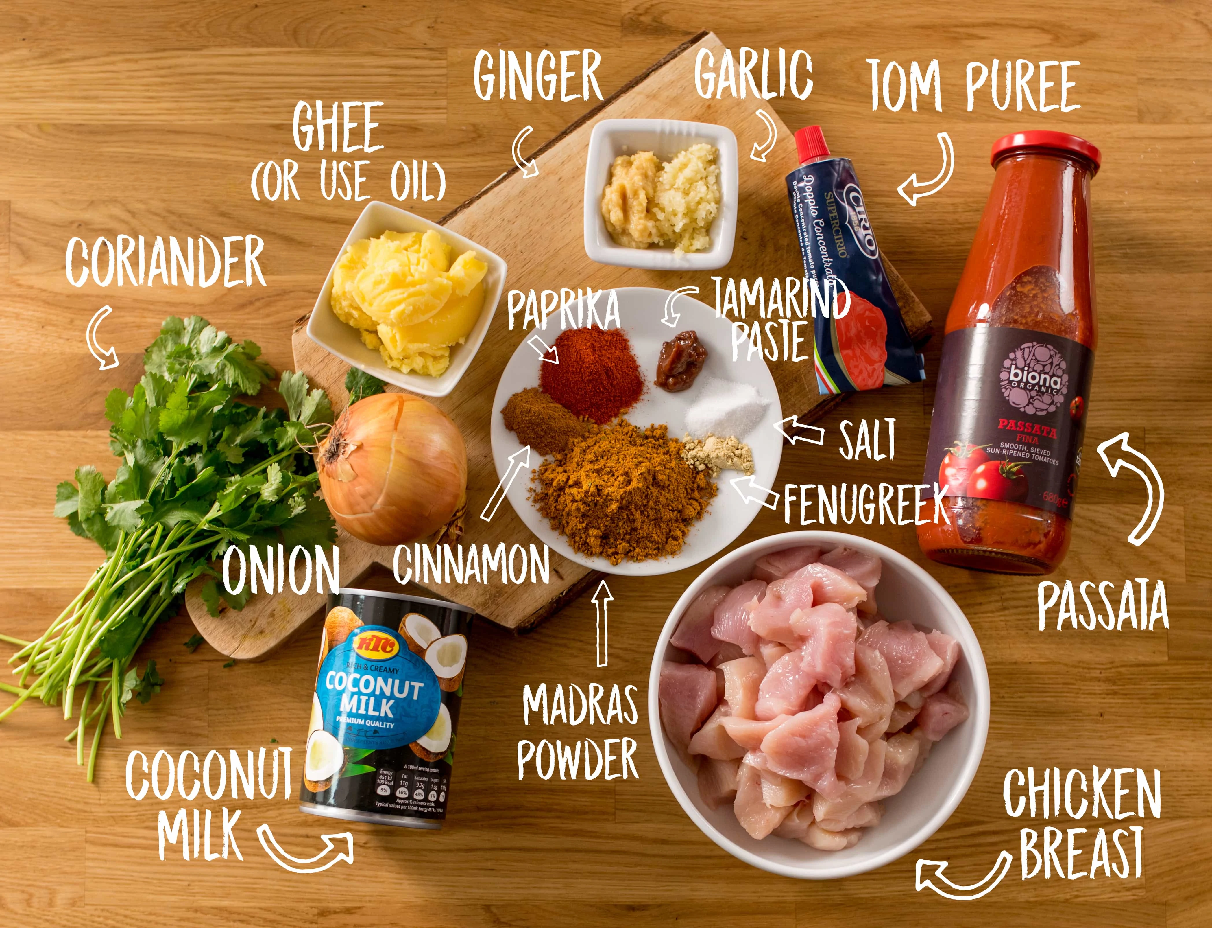 Ingredients for Chicken Madras on a wooden table
