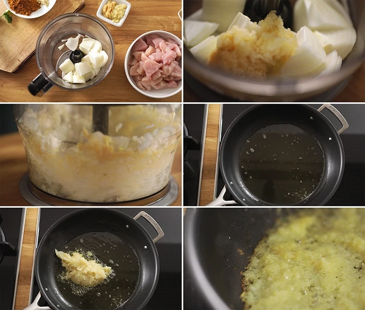 6 image collage showing how to prep the onion paste for chicken madras