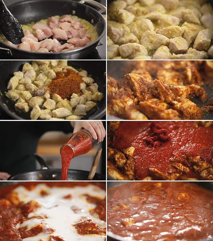 8 image collage of step to make chicken madras