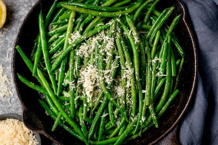 Overhead image of green beans in a pan