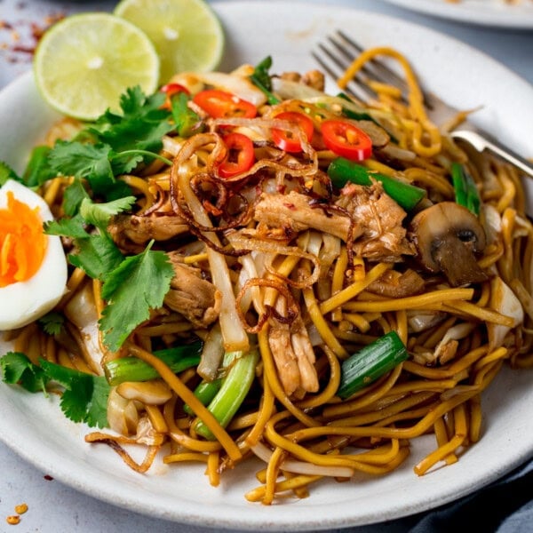 A plate of mee goreng (Asian noodles) stir-fried with shredded chicken, spring onions, red chilli slices, mushrooms, coriander, half a boiled egg, and lime wedges on a white plate.