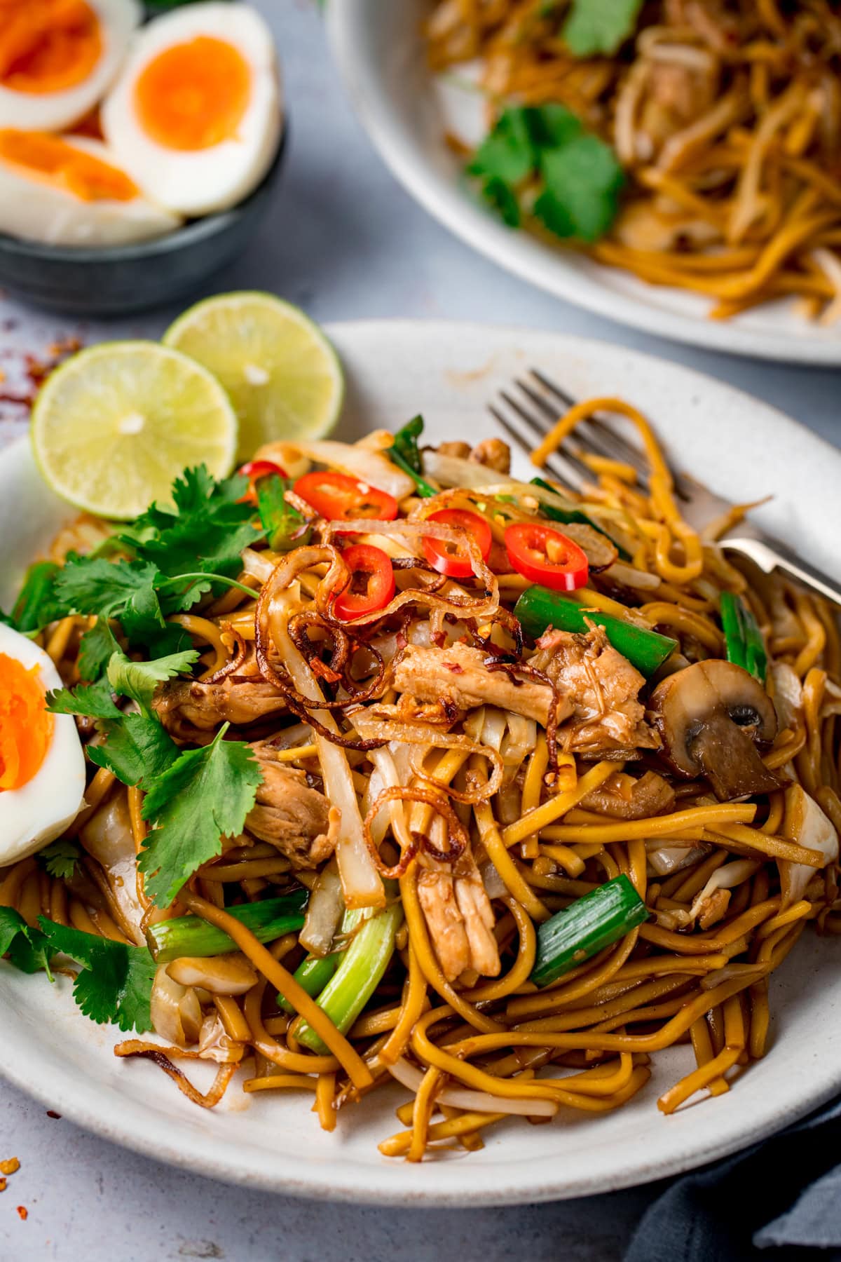 Mee goreng with stir-fried noodles, shredded chicken, mushrooms, vegetables, sliced red chilli, coriander, lime wedges, and a halved boiled egg on a white plate. A fork rests on the plate. There is a dish with halved hard boiled eggs and a further plate of mee goreng in the background.
