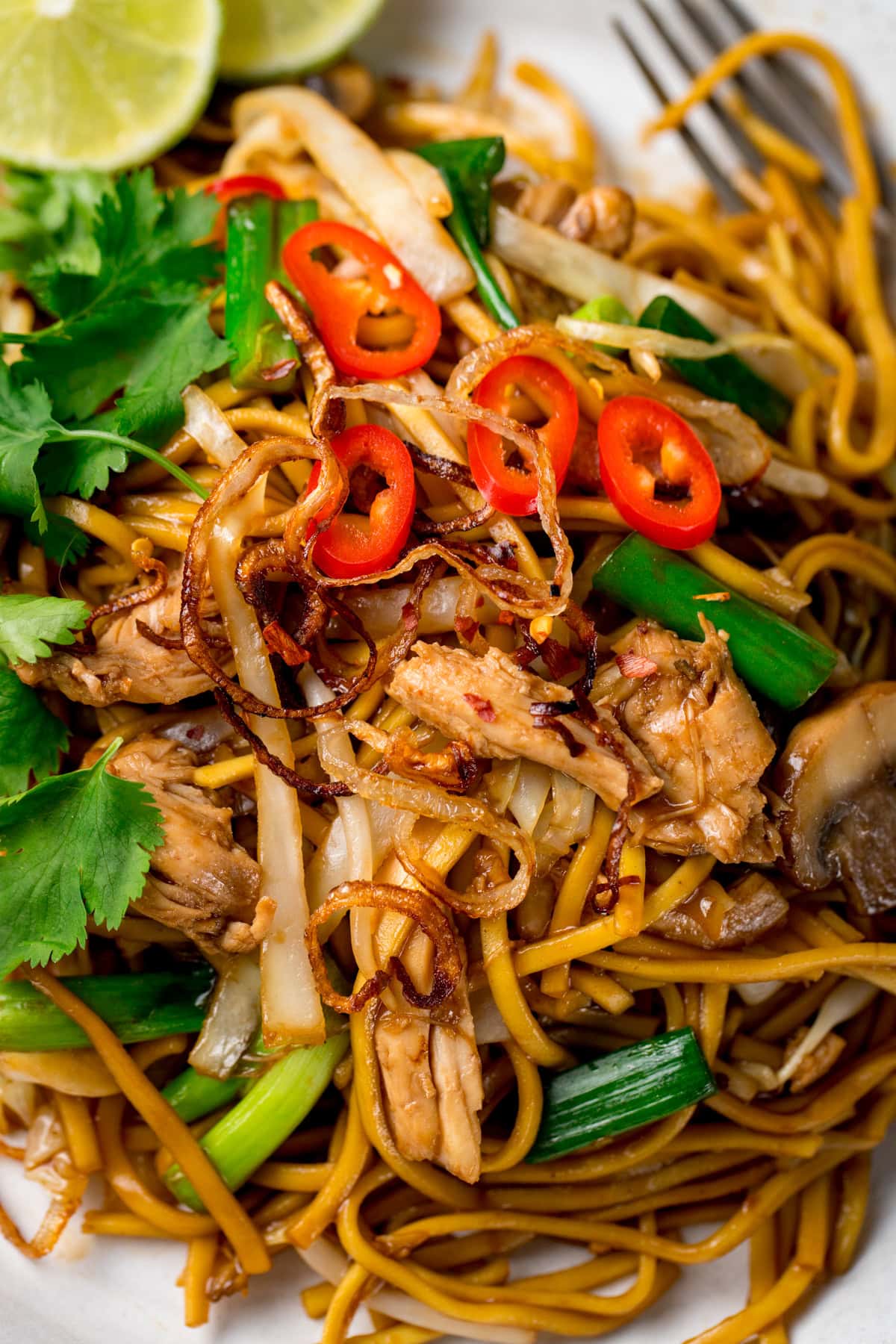 A close-up of fried noodles with chicken, sliced red chilli, spring onions, coriander, and lime wedges on a white plate.