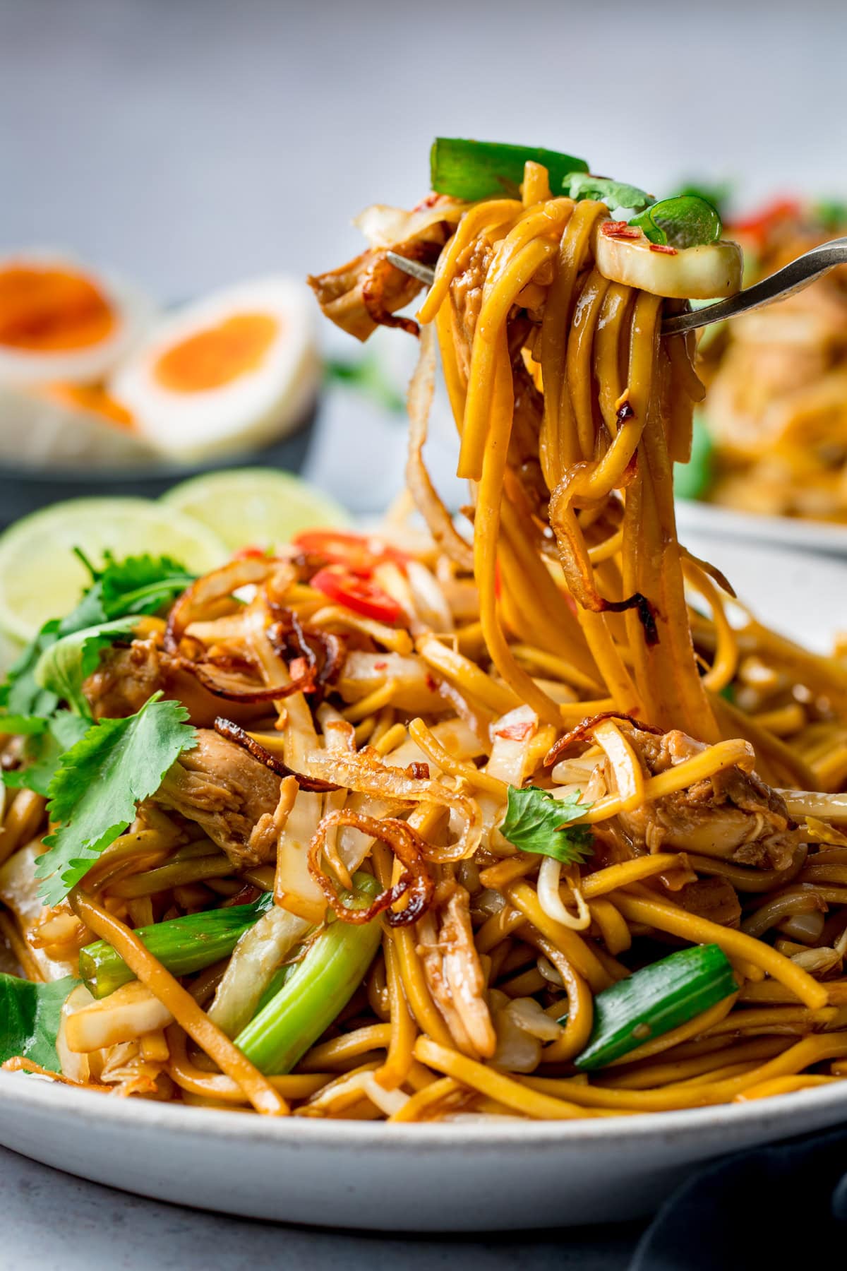 A close-up of a plate of mee goreng noodles, stir-fried with chicken, vegetables. A fork is lifting a portion. Sliced boiled eggs are visible in the background,