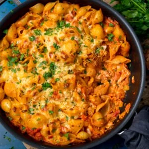 tuna pasta bake in a pan on a dark background