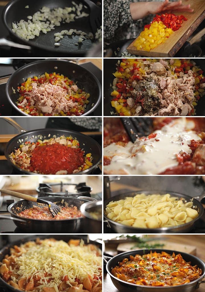 10 image collage showing how to make Tuna Tomato Pasta Bake