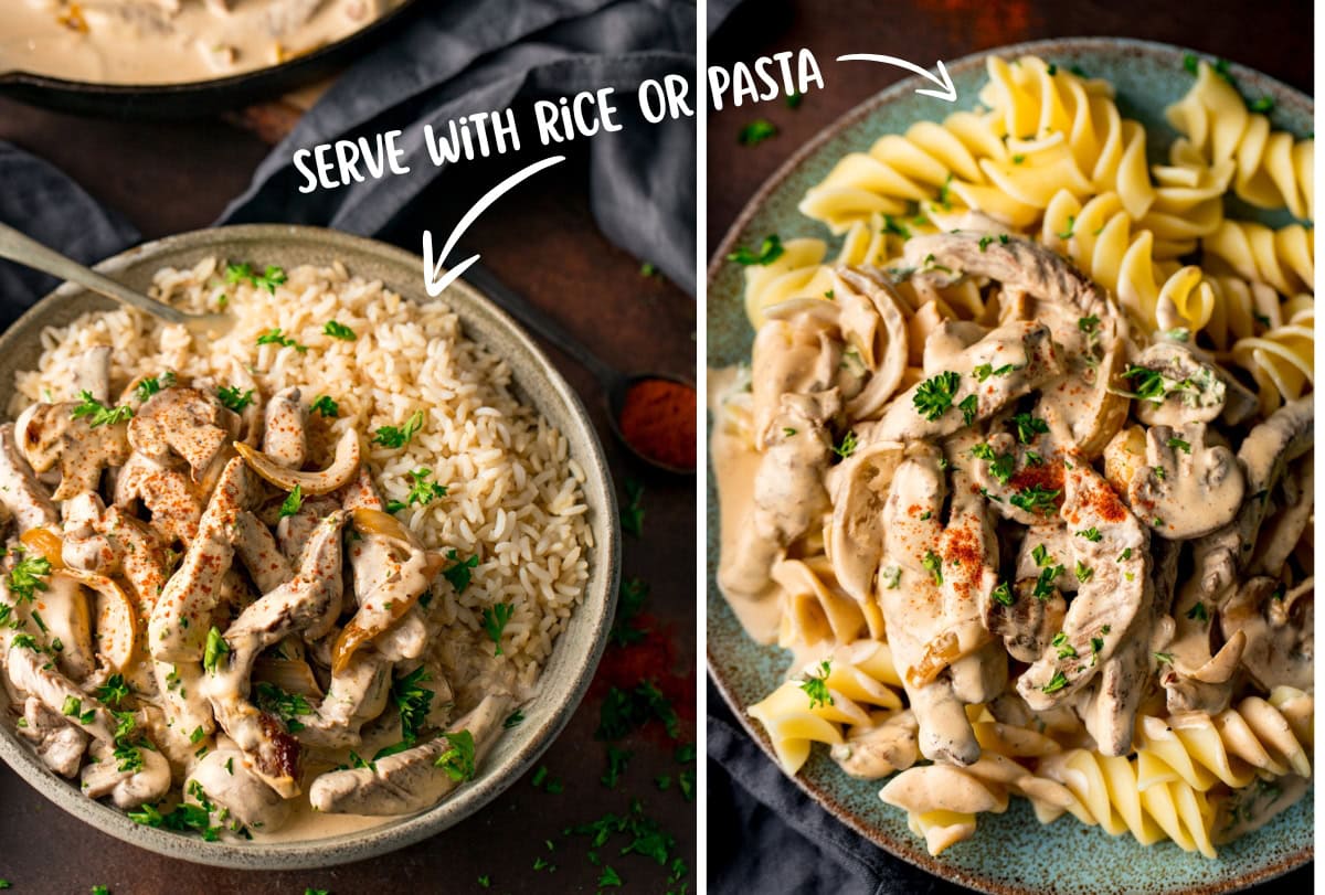 A two image collage showing different ways to serve beef stroganoff. The left image shows beef stroganoff over rice, the right image shows beef stroganoff over pasta.
