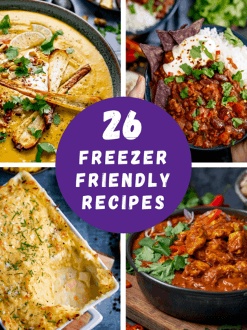 4 photos of food with a circle and words reading 26 freezer friendly recipes
