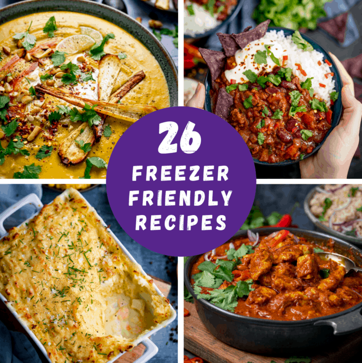 4 photos of food with a circle and words reading 26 freezer friendly recipes