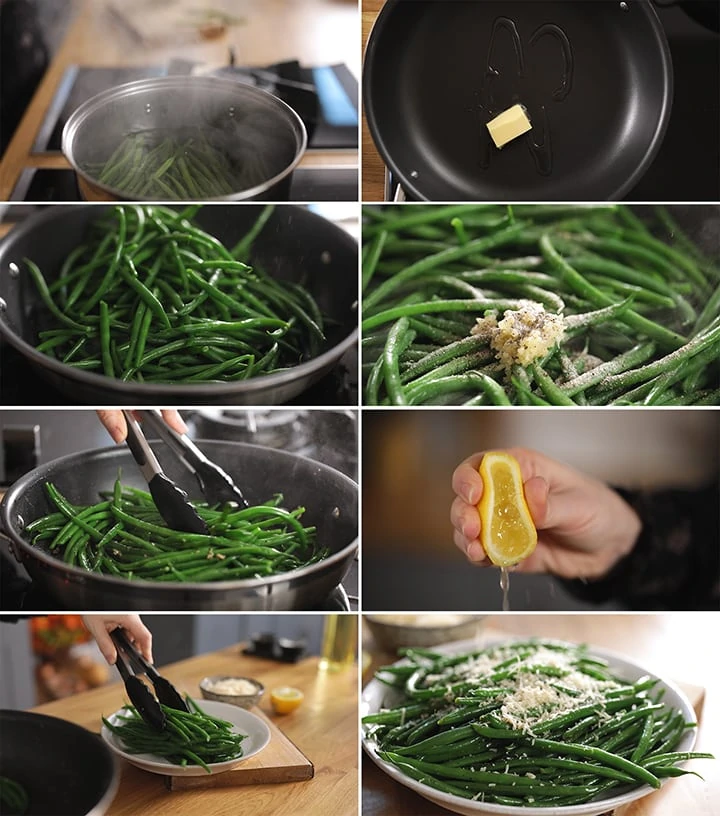 8 image collage showing how to make garlic green beans with parmesan