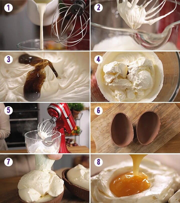 8 image collage showing how to make giant creme egg cheesecake dip