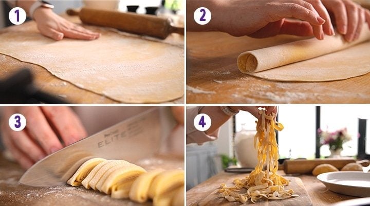 4 image collage showing how to roll out and cut homemade pasta