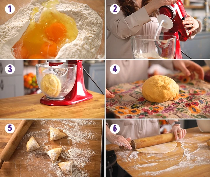 6 image collage showing how to make homemade pasta
