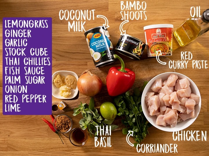 Ingredients for making Thai red chicken curry on a wooden table