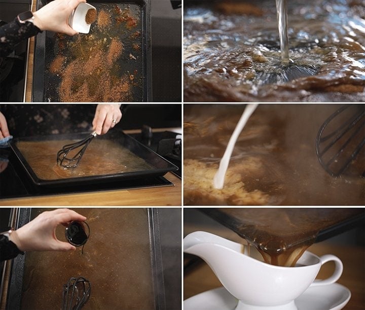 6 image collage showing how to make roast chicken gravy