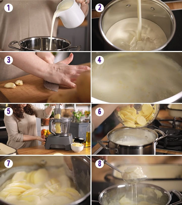 8 image collage showing initial steps for making dauphinoise potatoes
