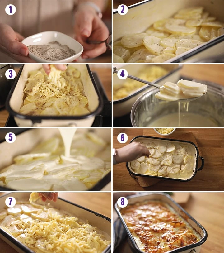 8 image collage showing steps for assembling dauphinoise potatoes