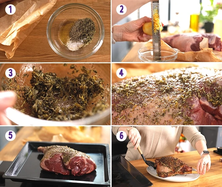 6 image collage showing how to roast a leg of lamb