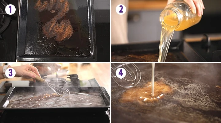 4 image collage showing how to make gravy for roast lamb