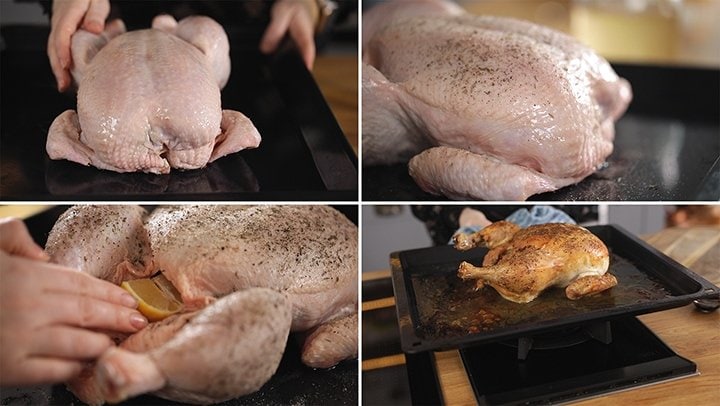 4 image collage showing how to make roast chicken