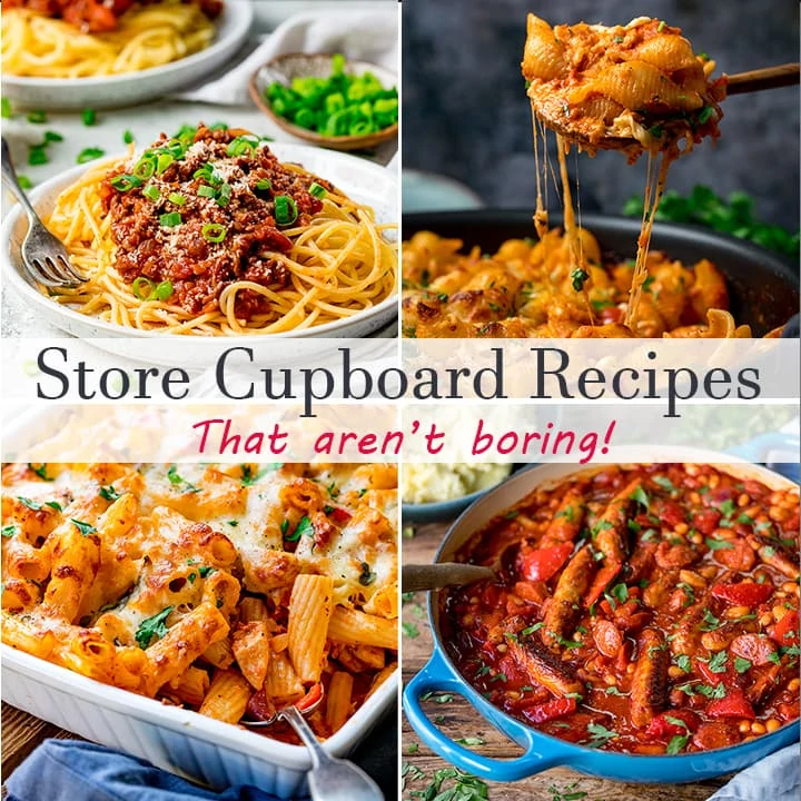 four pictures of store cupboard recipes