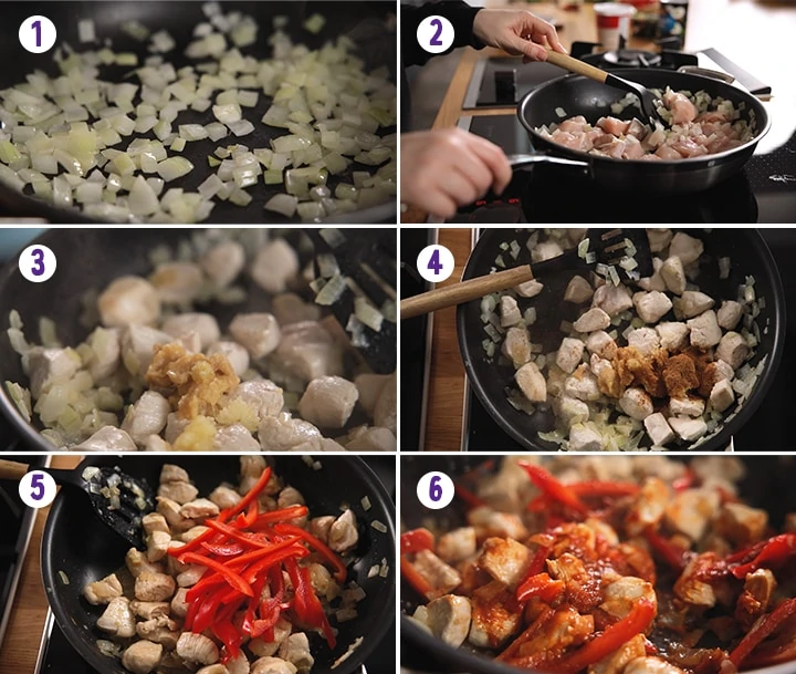 6 image collage showing the initial stages of making Thai red chicken curry