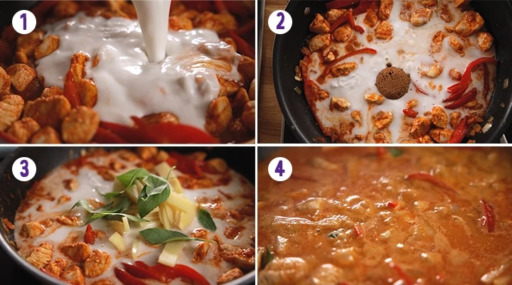 4 image collage showing the end stages of making Thai red chicken curry