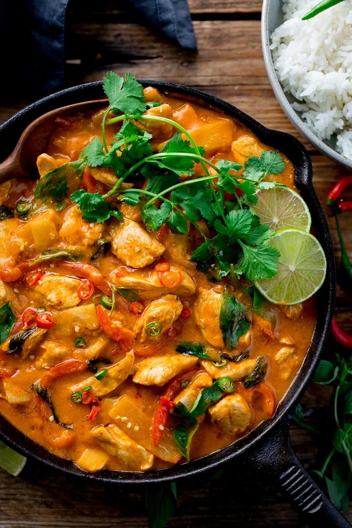 Thai red chicken curry in a pan