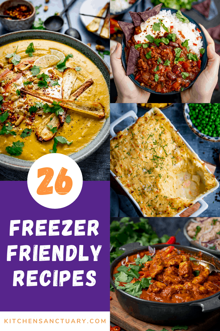 four images of food with the text reading 26 freezer friendly recipes