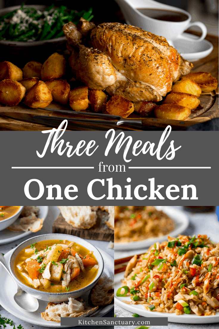 3 image collage show recipes to make from 1 chicken