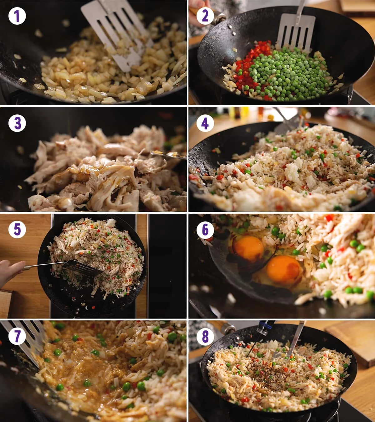 8 image collage showing how to make Chicken Fried Rice