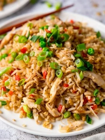 Chicken Fried Rice on a white plate topped with spring onions