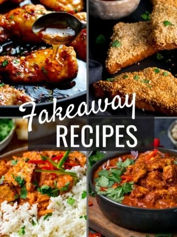4 images of takeaway dished with the words fakeaway recipes over the top