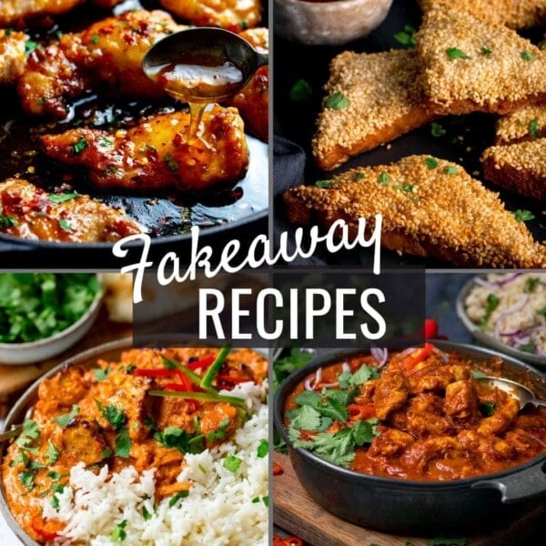 4 images of takeaway dished with the words fakeaway recipes over the top