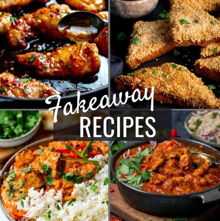 4 images of takeaway dished with the words fakeaway recipes over the top