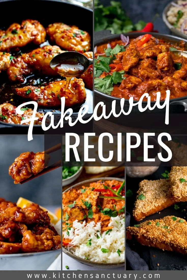 5 images of takeaway dishes such as curry with the works fakeaway recipes over the top