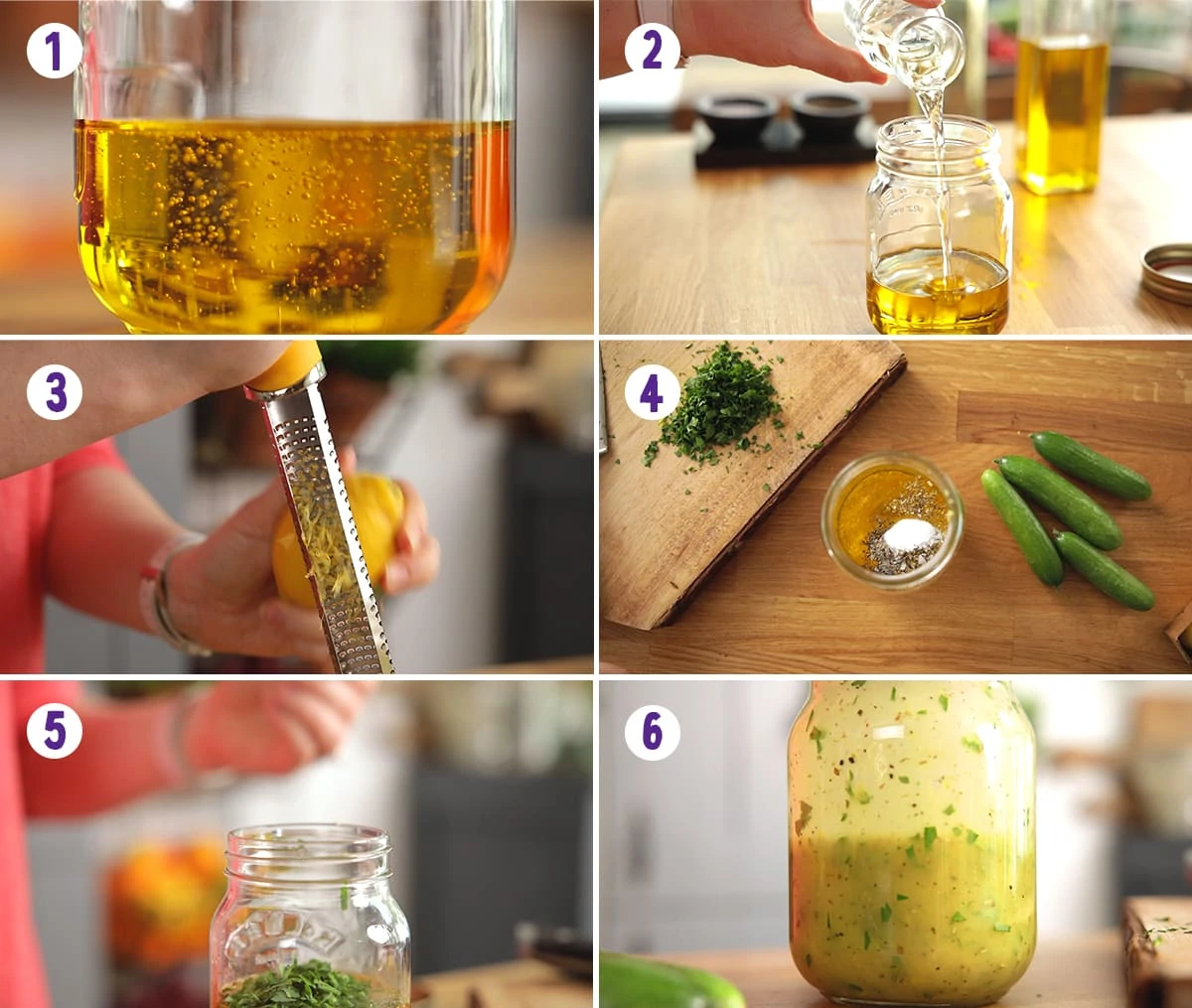 6 image collage showing how to make an Italian dressing for pasta salad