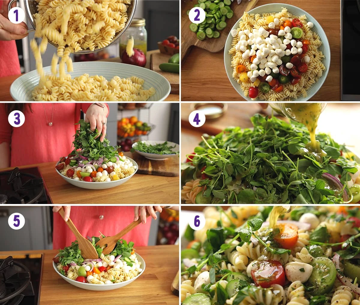 6 image collage showing how to make bowl of pasta salad