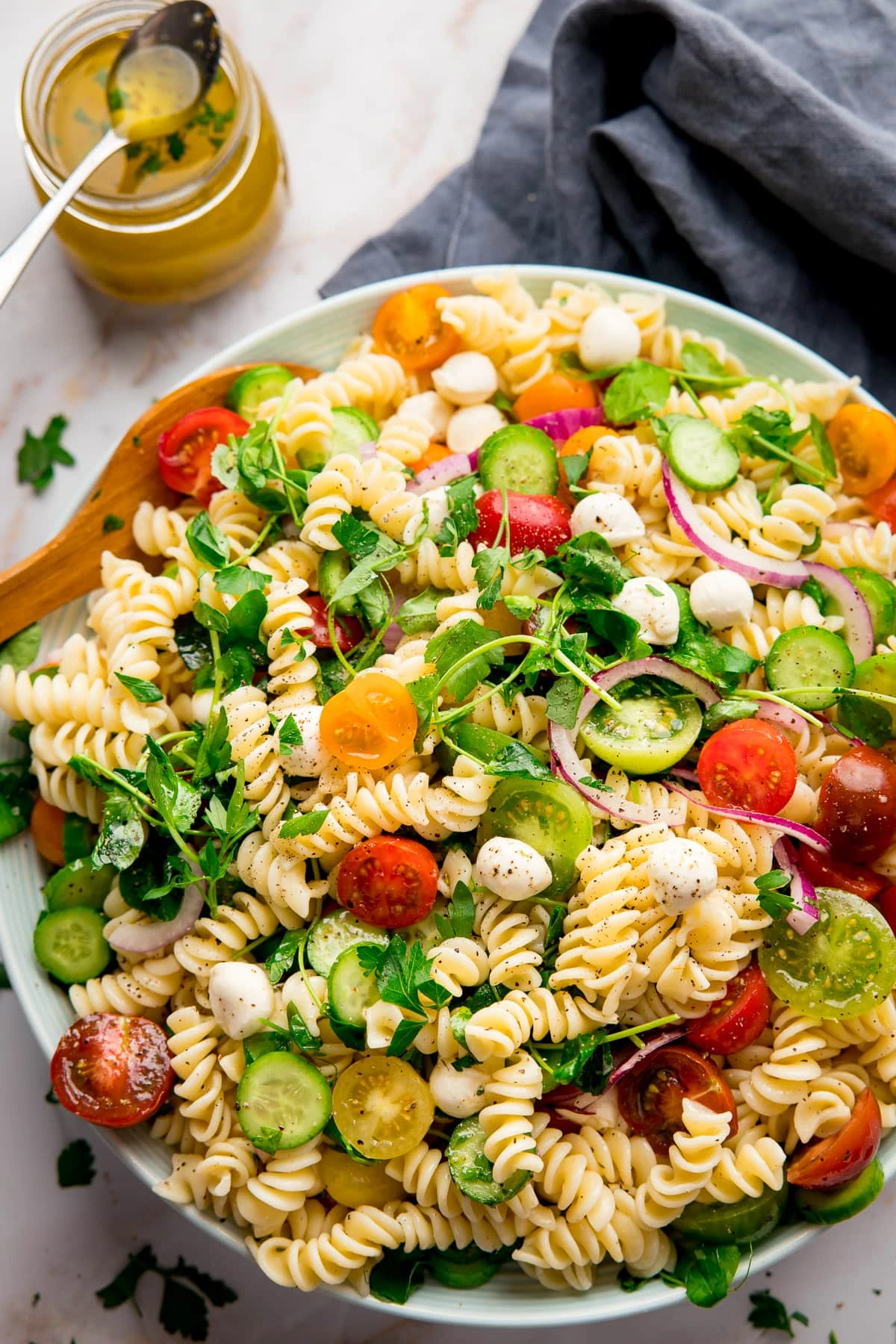 Large bowl filled with pasta salad