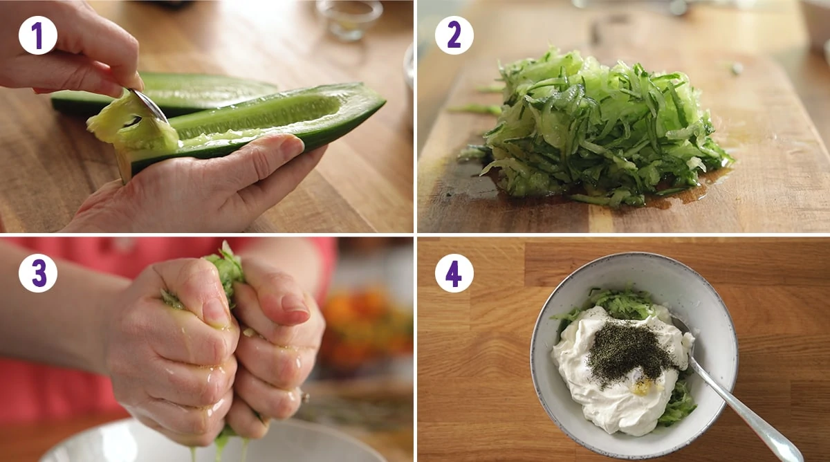 4 image collage showing how to make Tzatziki